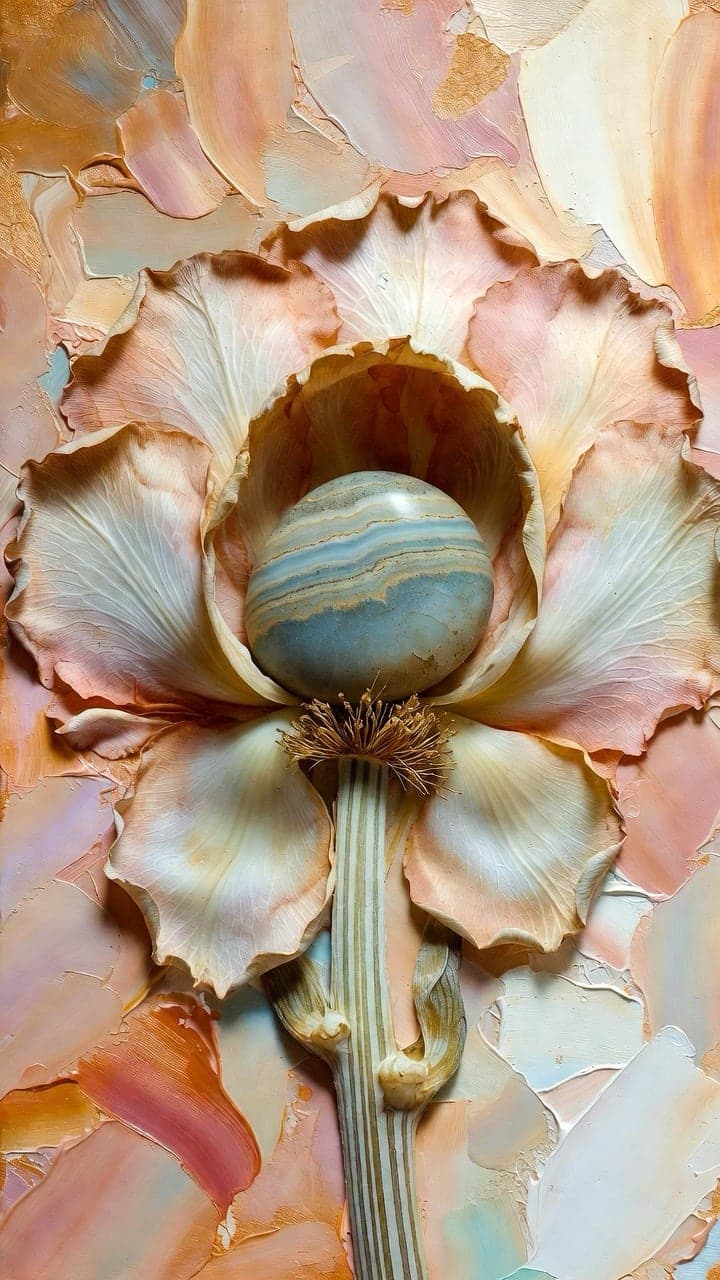 A heavily impasto painting of a large pastel flower — peach and cream petals — opening around a smooth banded blue-and-tan agate stone at its centre.