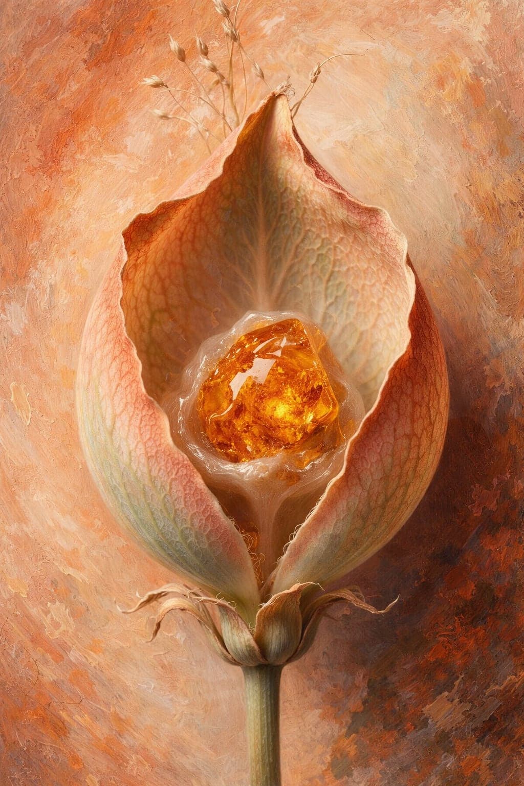A painterly blush-pink and cream flower bract opened to reveal a glowing golden amber stone wrapped in a translucent membrane, against a warm peach impasto background.