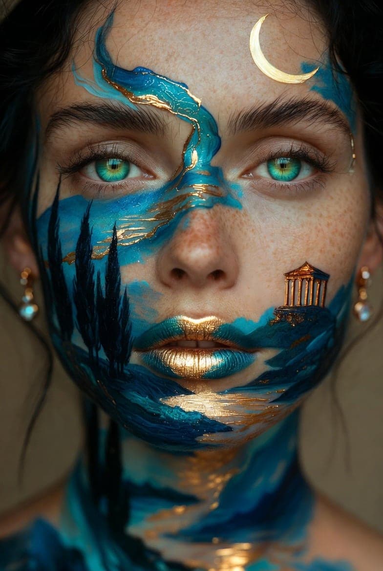 A photorealistic portrait of a green-eyed woman whose face is painted with a blue-and-gold Mediterranean landscape — cypress trees, a golden temple and a crescent moon — with gilded lips.