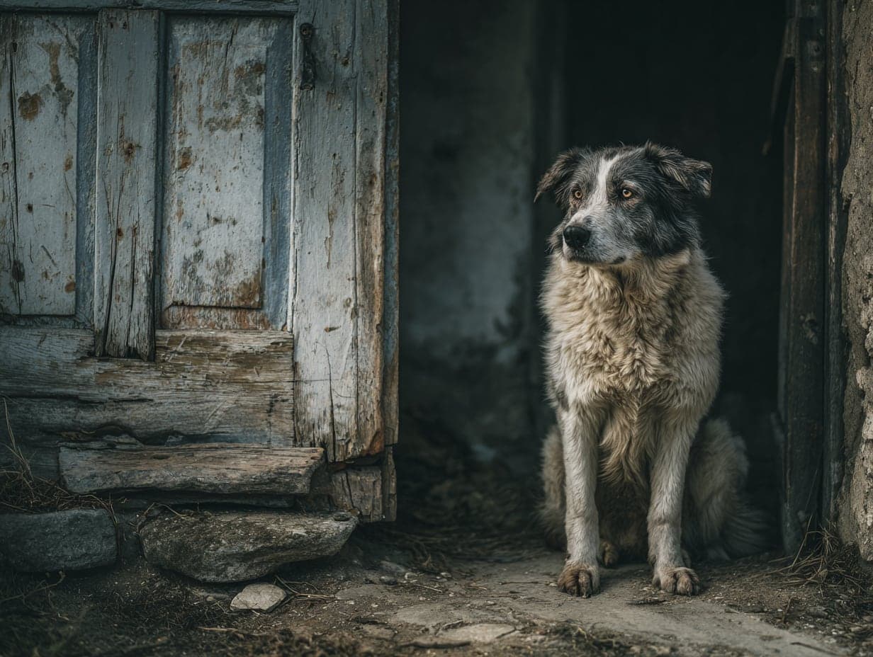 A muted, moody photograph of a shaggy grey-and-white dog sitting in the shadowed doorway of a weathered old house beside a peeling pale-blue wooden door.