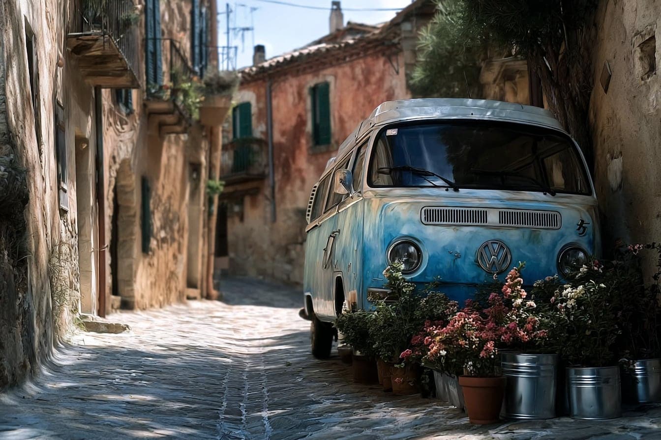 A vintage pale-blue Volkswagen camper van parked in a narrow, sun-warmed old-town stone lane with weathered buildings and pots of flowers.