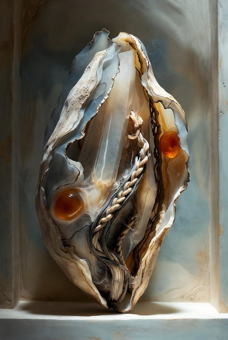 A photorealistic large translucent chalcedony shell opened on a windowsill, revealing clear quartz, two glowing amber orbs and a braid of pale fibre in soft light.