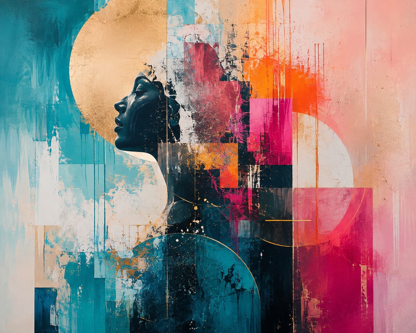 A modern abstract painting of a woman's dark profile with her chin lifted against a large gold disc, surrounded by flat blocks of teal, cream, magenta, pink and burnt orange with paint drips, scraped texture, circles and fine ruled gold lines.