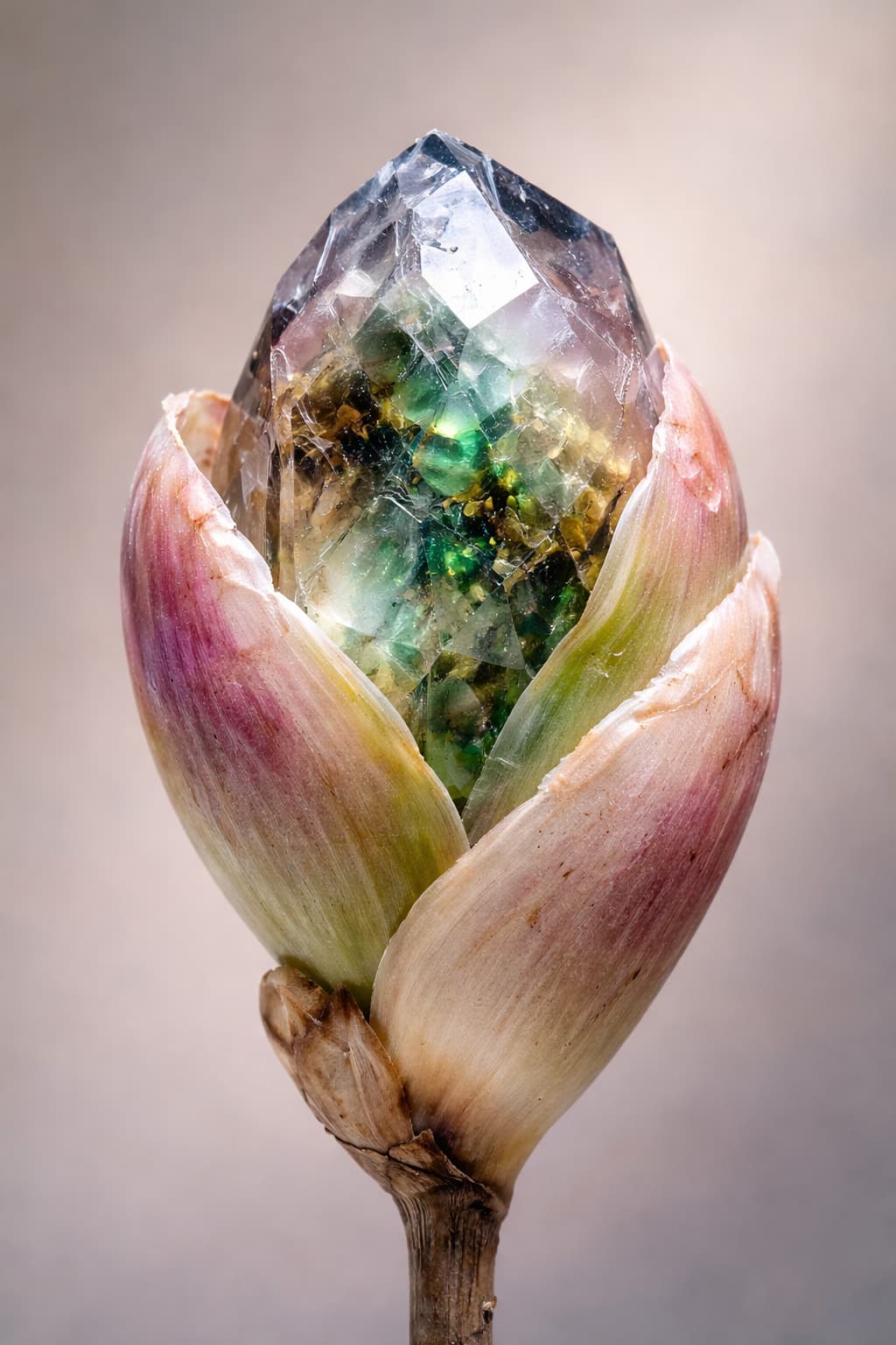 A photorealistic close-up of a pink-and-cream bud whose bracts have parted around a faceted transparent crystal filled with a field of green and gold inclusions.