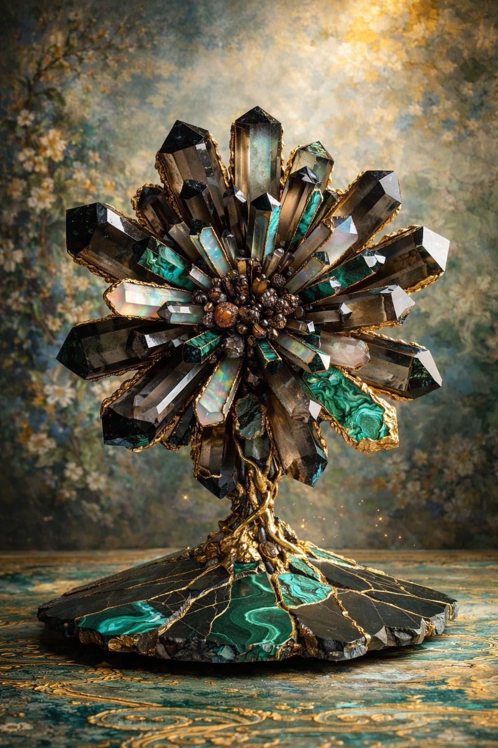 A photorealistic sculptural sunburst of smoky quartz crystal points, malachite and iridescent mother-of-pearl edged in gold, radiating from a jewelled centre on a gold-veined black stone base, against a soft floral painted backdrop.