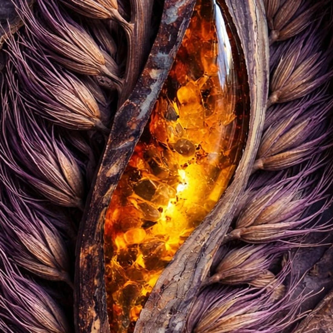 A close detail of Ember Grain — a seam of burning amber inside a violet husk.