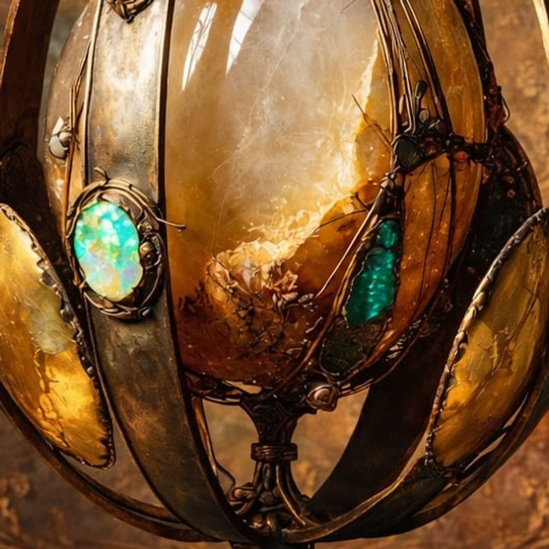 A close detail of The Orb — banded brass and opal cabochons against smoky quartz.