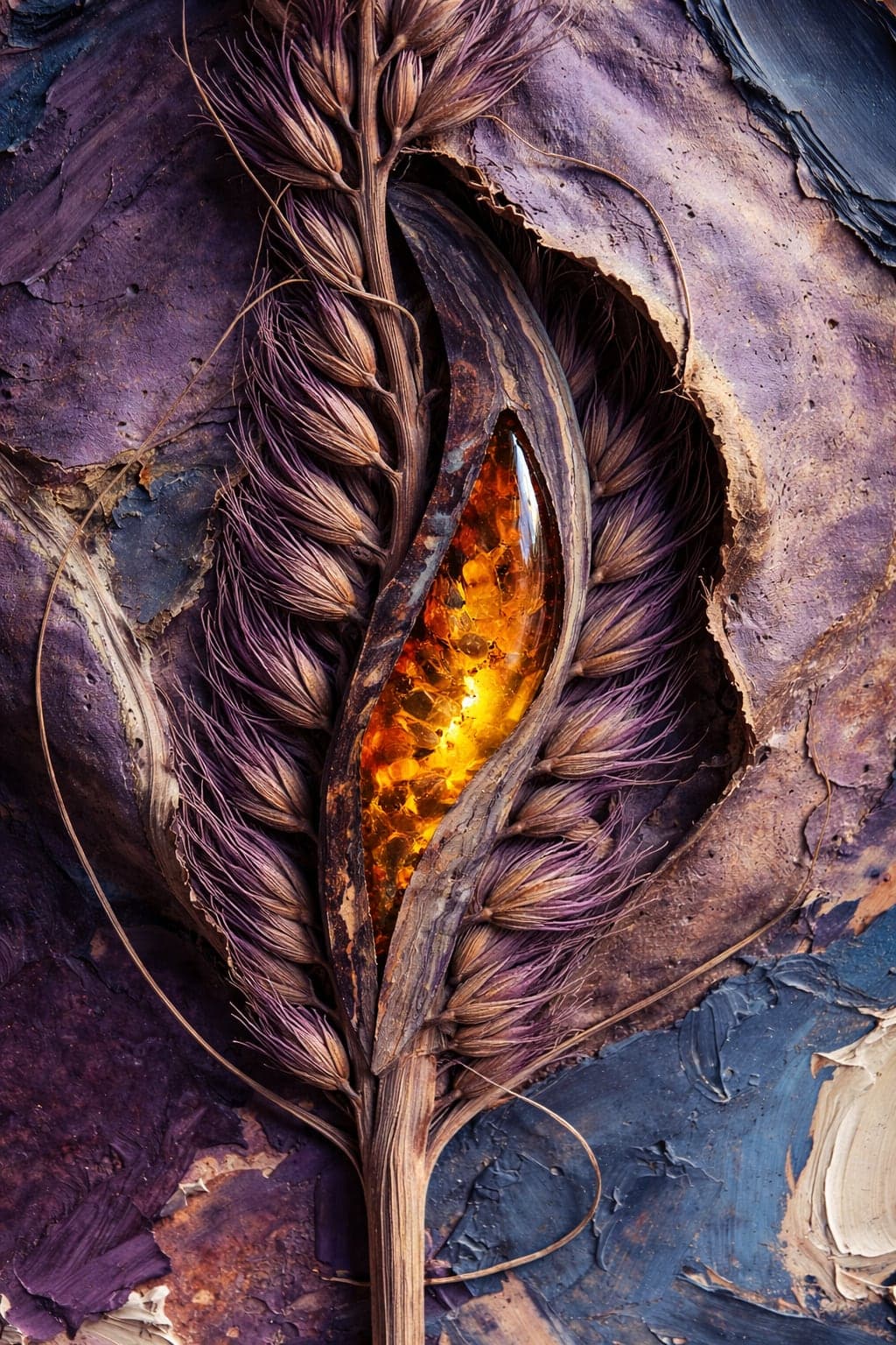 A painterly close-up of a violet-toned ear of wheat split open to reveal a glowing seam of orange amber, against dusty purple and slate-blue impasto strokes.