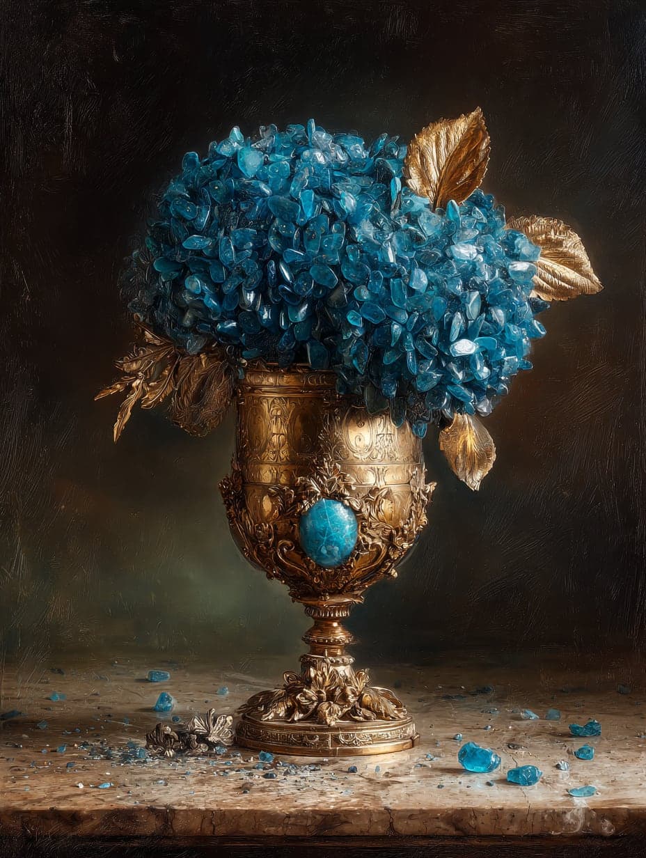 An old-master style still life of an ornate golden chalice set with a turquoise cabochon, holding a bouquet of blue gemstone 'flowers' with gilded leaves, against a dark background.