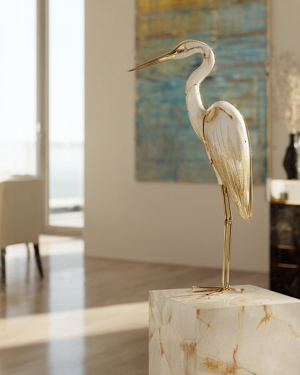 A photorealistic white-and-gold heron sculpture standing on a marble plinth in a bright modern interior, with a large abstract painting behind it.