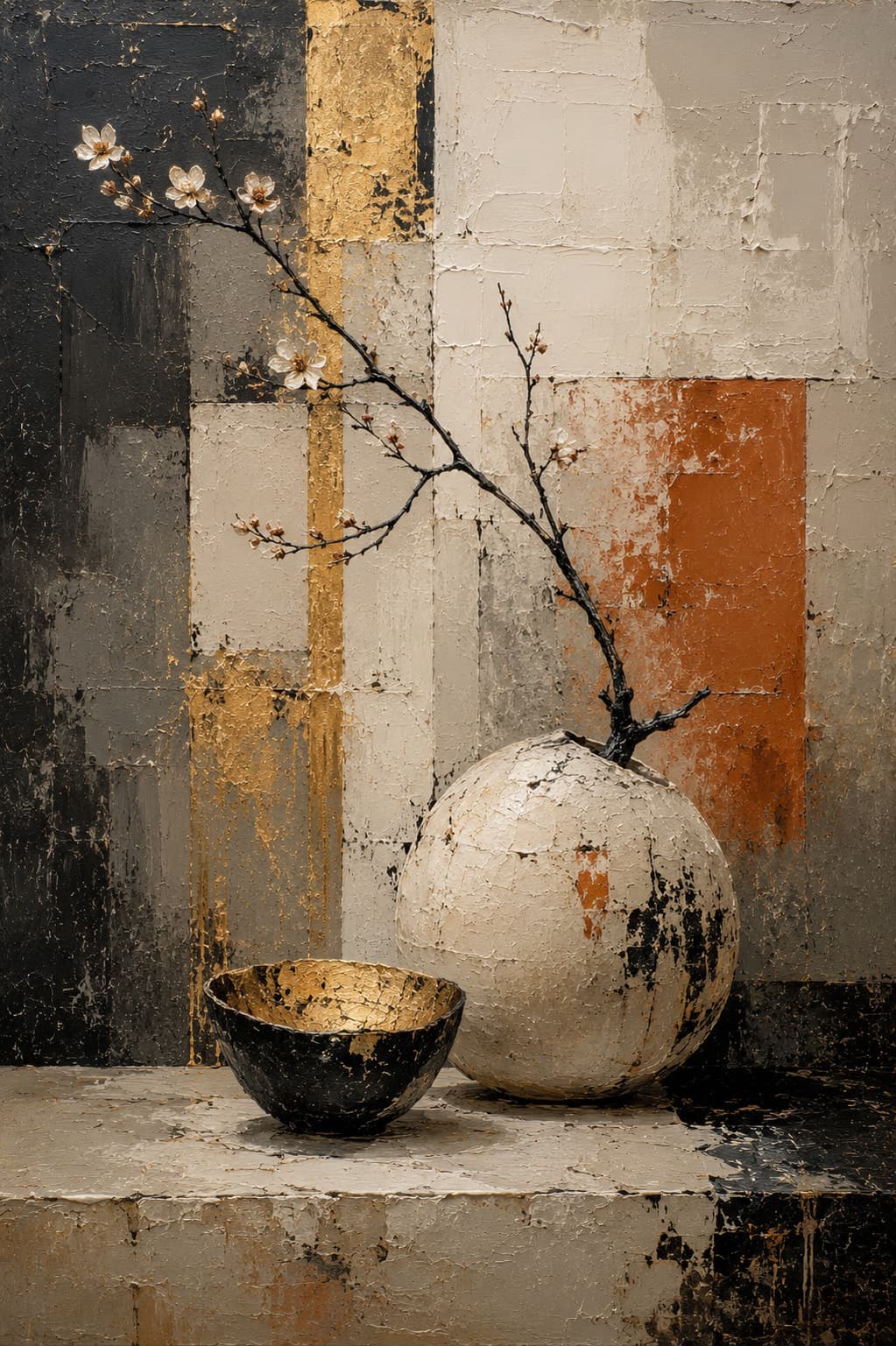 An impasto palette-knife still life of a large round cream vessel holding a bare branch with a few white blossoms, beside a black bowl lined with gold, standing on a pale ledge against a wall of blocked black, cream, gold and rust panels.