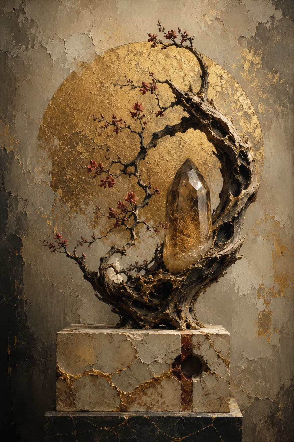 A photorealistic still life of a gnarled dark bough curled around a large smoky quartz crystal point and flowering with deep red plum blossom, standing on a cracked marble plinth veined with gold, against a gilded disc on a weathered plaster wall.