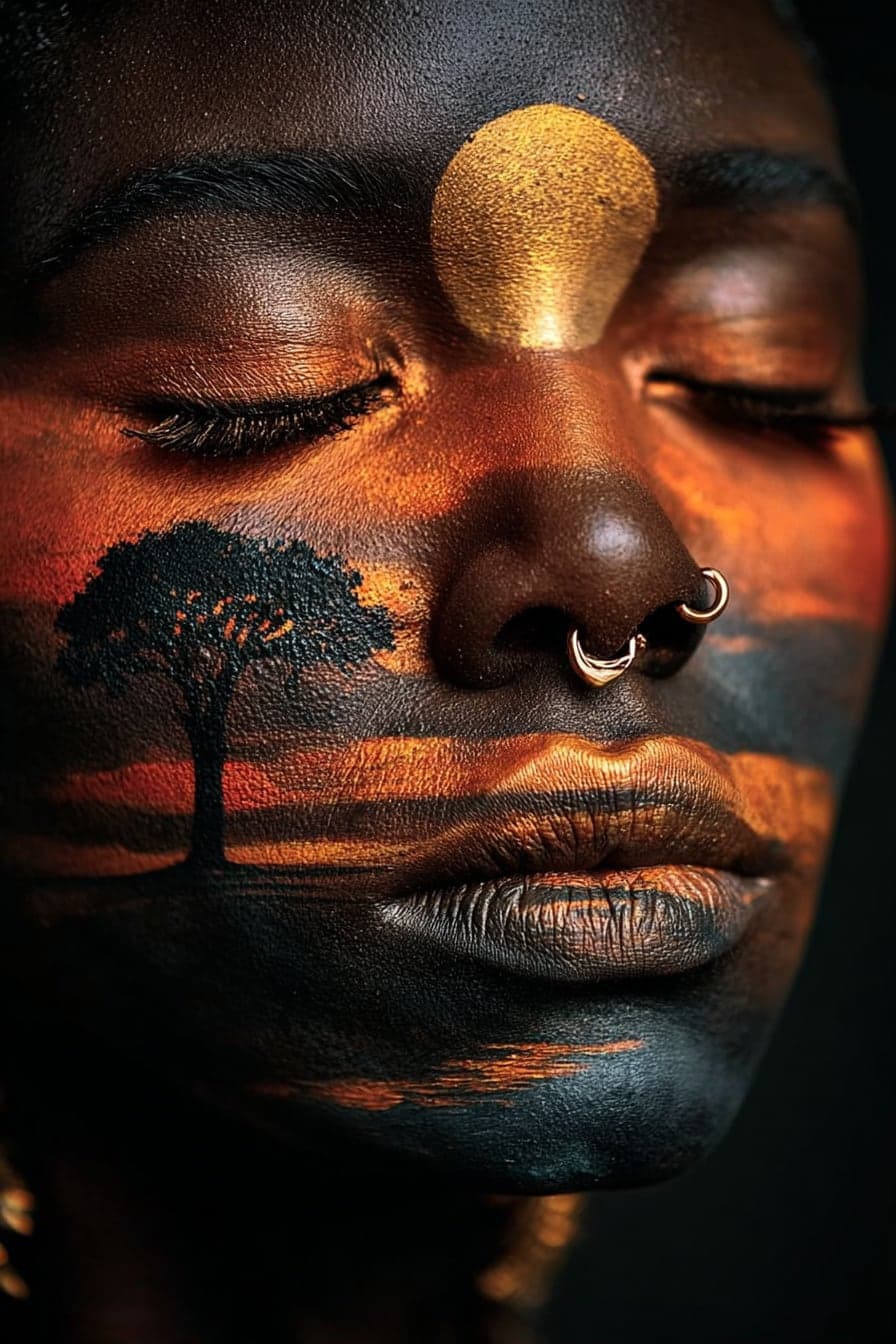 A close photorealistic portrait of a Black woman with eyes closed and a gold nose ring, her face painted with an African savanna sunset — a lone acacia tree, the low sun and banded orange light.