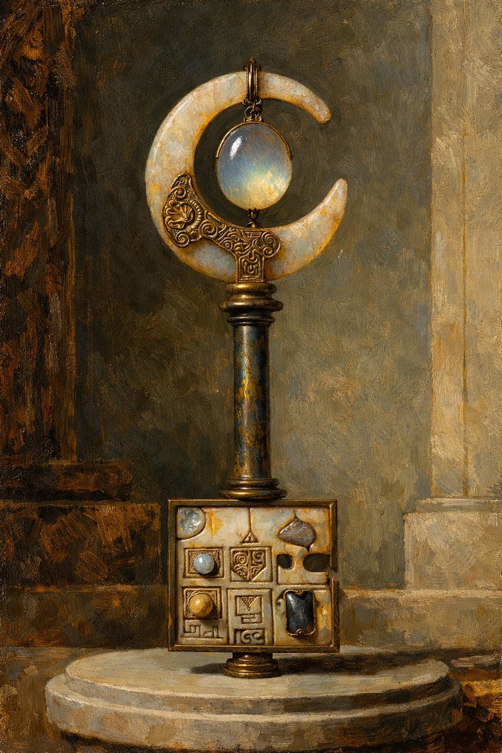 An old-master style oil painting of a ceremonial sceptre — a pale mother-of-pearl crescent holding a glowing moonstone cabochon, on a gilded column above a stone tablet inset with gems and carved glyphs.