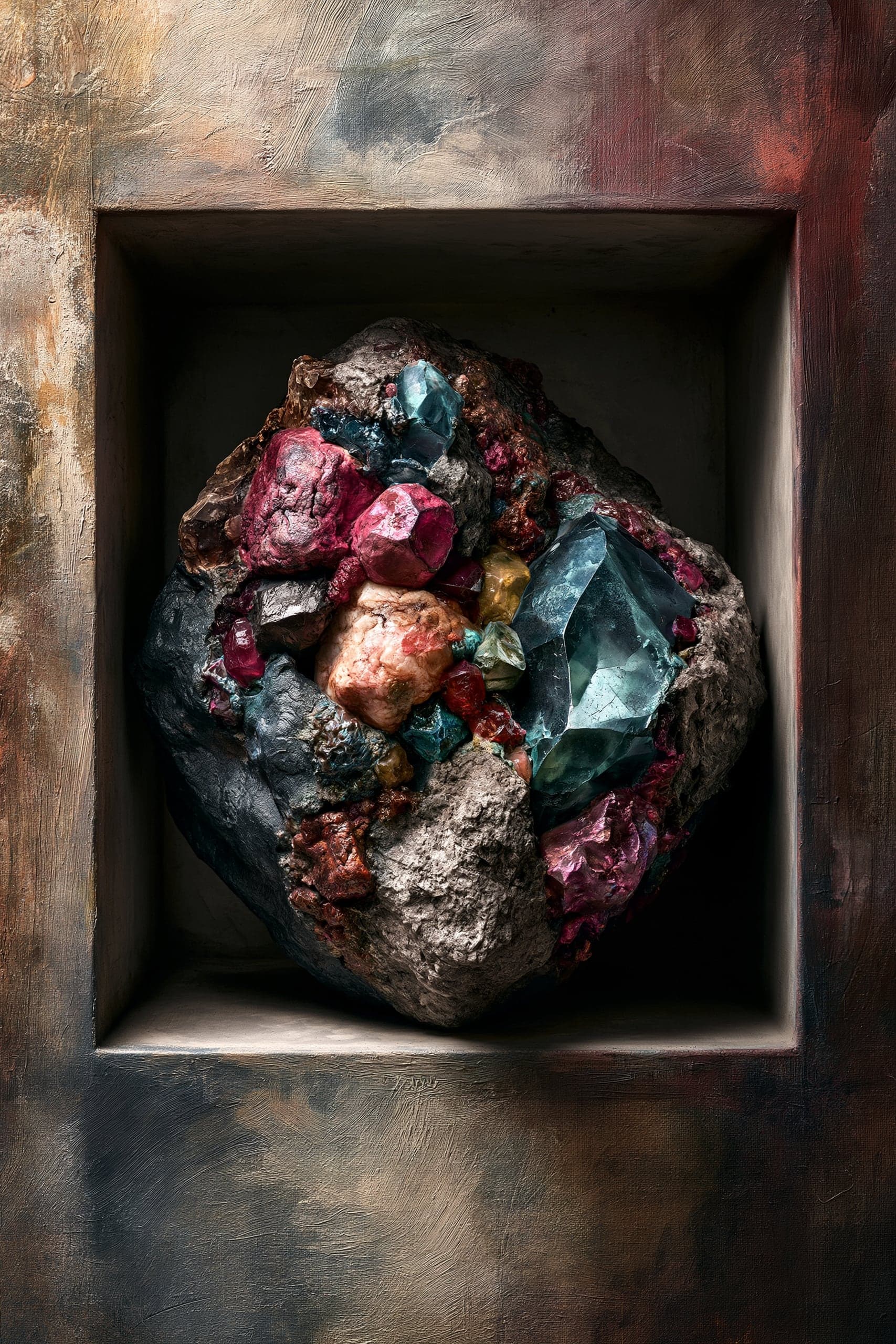 A photorealistic rough boulder packed with raw blue topaz, pink and red crystals and coloured ore, set inside a weathered painterly niche.