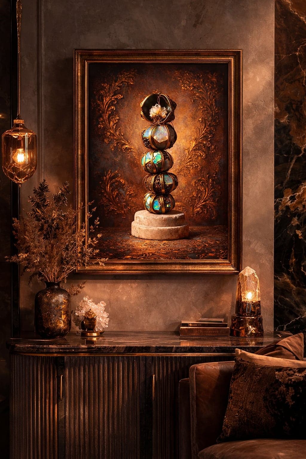 A photorealistic dark interior in warm lamplight: a large gilt-framed painting of a stacked column of caged iridescent opal spheres hangs above a fluted marble-topped cabinet with dried flowers, crystals and an amber lamp.