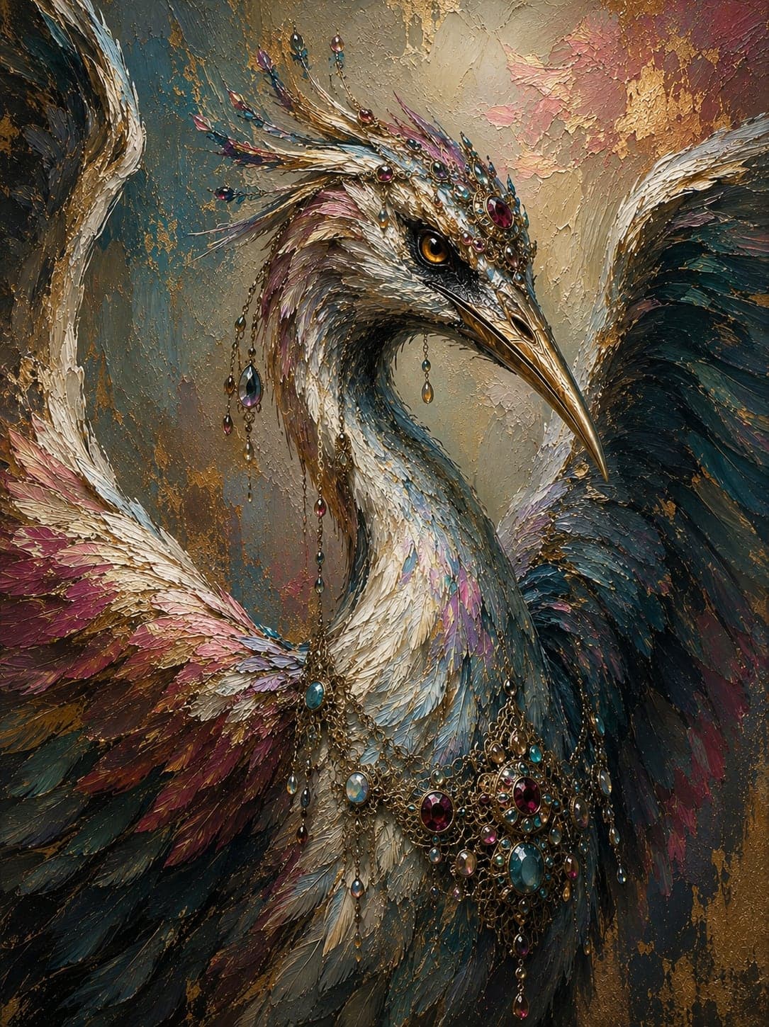 A heavily impasto painting of a crane in profile, its plumage moving from blush pink through violet to deep teal, hung with fine gold chains, gemstone cabochons and a jewelled collar, with a long gold beak crossing the frame against a gold-leaf and plaster background.