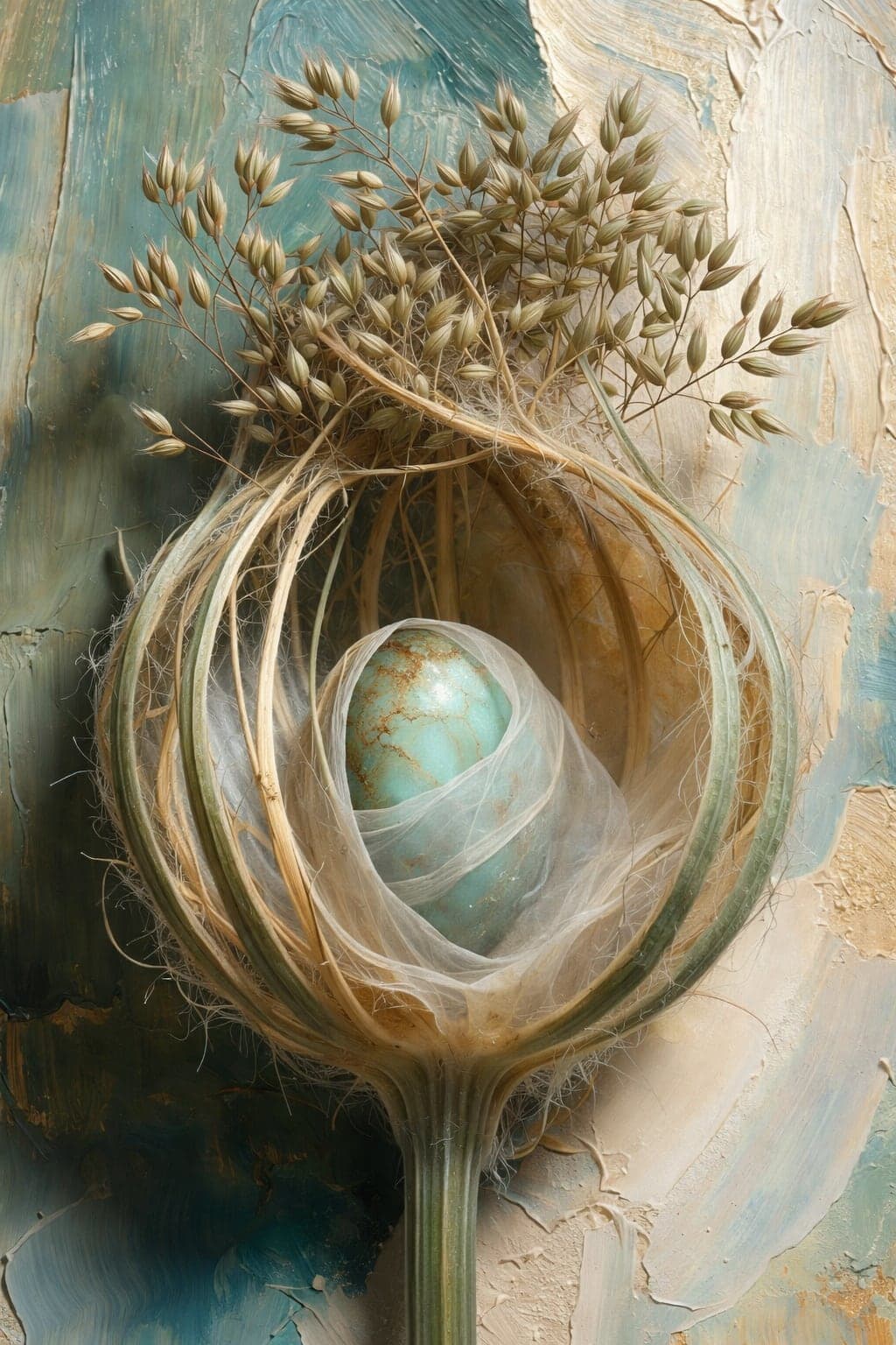 A painterly lantern-shaped cage of dried oat stems and sheer gauze cradling a gold-veined turquoise egg, against thick sea-green and cream brushstrokes.