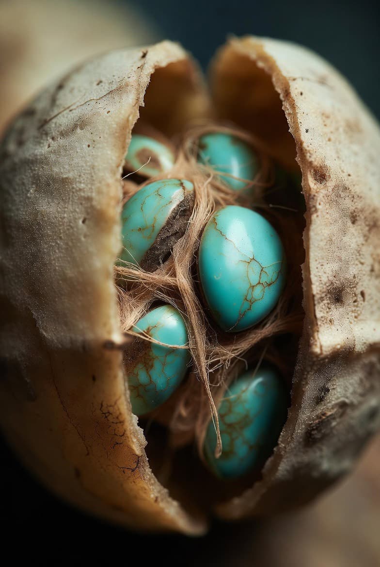 A photorealistic macro of a dry cream-coloured husk split open to reveal several polished turquoise eggs veined with brown, nested in fine pale fibres.