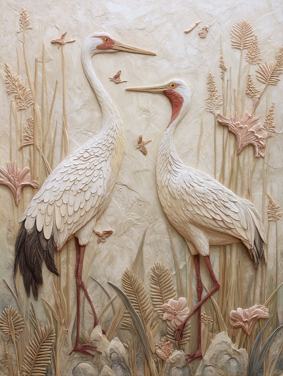 A soft pastel sculptural bas-relief of two white cranes turned toward each other among reeds, grasses and pink blossom in cream and blush tones.