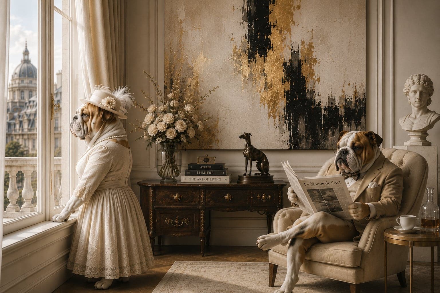 A photorealistic scene of two English bulldogs dressed as 19th-century aristocrats in a sunlit Parisian salon — one in a lace gown by the window, one in a suit reading a newspaper in an armchair — with a marble bust and a large gold-and-black abstract painting.