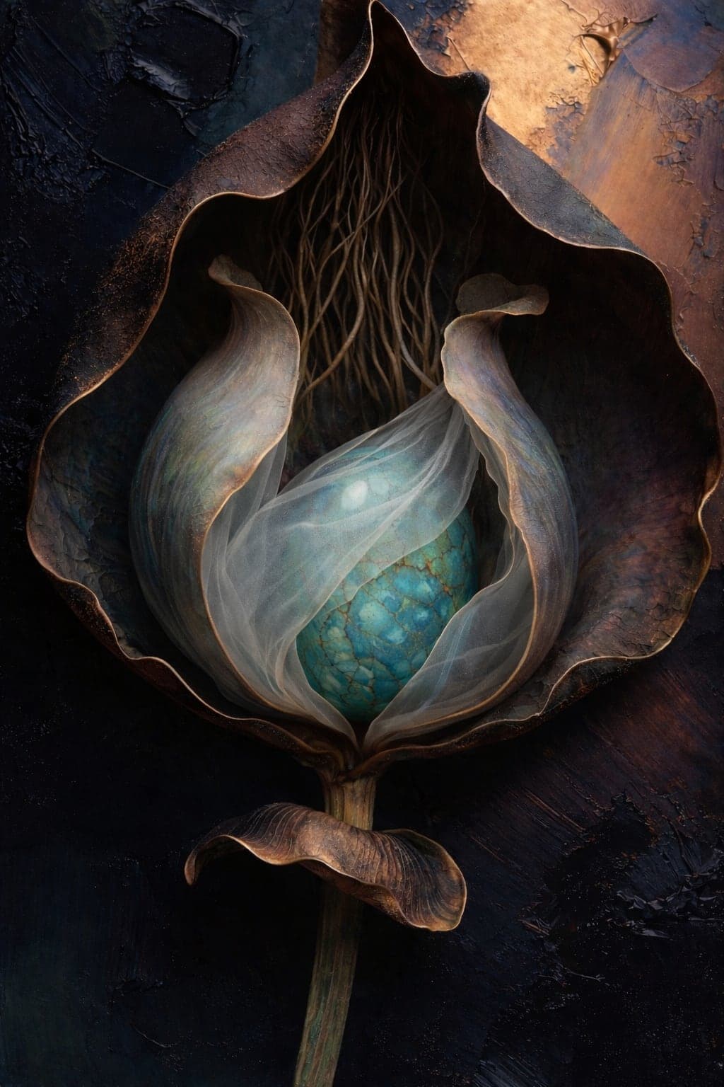 A dark painterly close-up of a bronze-toned seed pod opened to reveal a veined turquoise egg wrapped in translucent gauze, with fine roots rising behind it against a near-black textured ground.