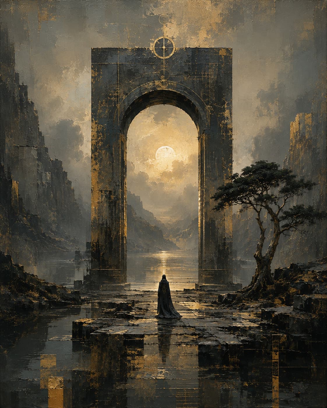 A painterly scene of a colossal stone gateway standing open above still water in a rocky gorge, a pale sun low behind cloud within the archway, gold worked into the masonry, a windswept tree to the right and a single cloaked figure standing on the wet flagstones before it.