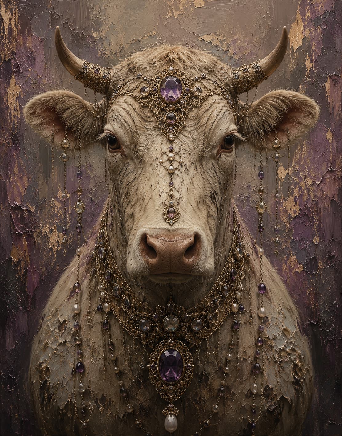 A painterly frontal portrait of a cream-coloured bull with gold-banded horns, a gold filigree browpiece set with a large amethyst, strands of pearl and amethyst beads hanging from its ears, and a jewelled collar, against a heavily textured purple and gold-leaf background.