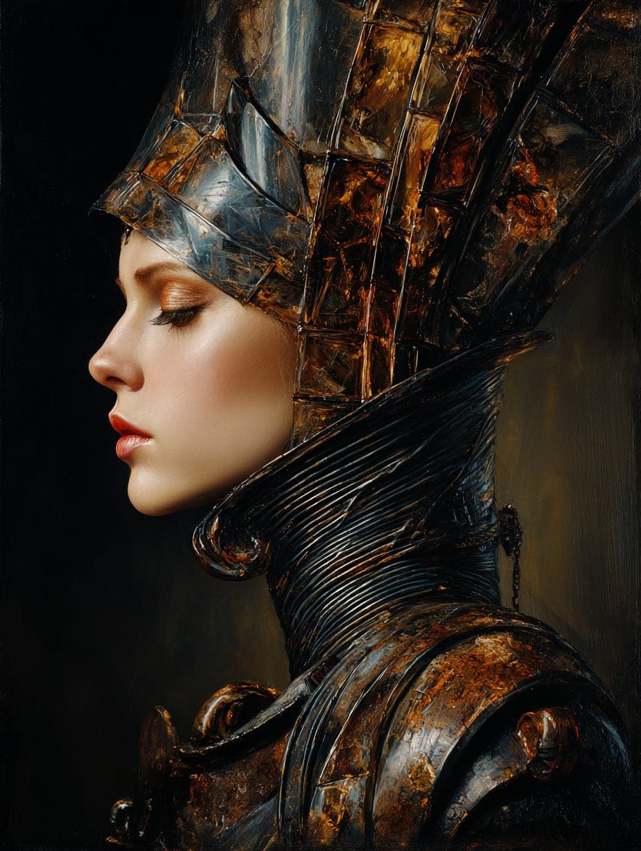 An old-master style oil portrait of a woman in profile with lowered eyes, wearing an ornate amber-and-bronze headdress and a ribbed armoured collar, against a dark background.