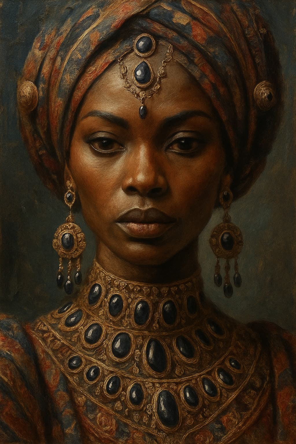 An old-master style oil portrait of a Black woman in a richly patterned turban with a gold browpiece, long gold earrings and a wide collar set with rows of polished black cabochons, against a dark olive background.