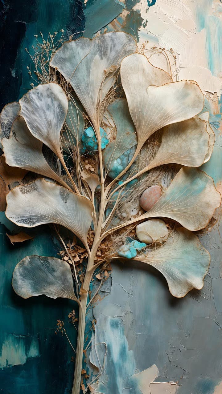 Dried cream-coloured ginkgo leaves fanned out on a thickly painted teal and grey plaster ground, with rough turquoise pieces, a rose pebble and pale quartz nested among the stems.