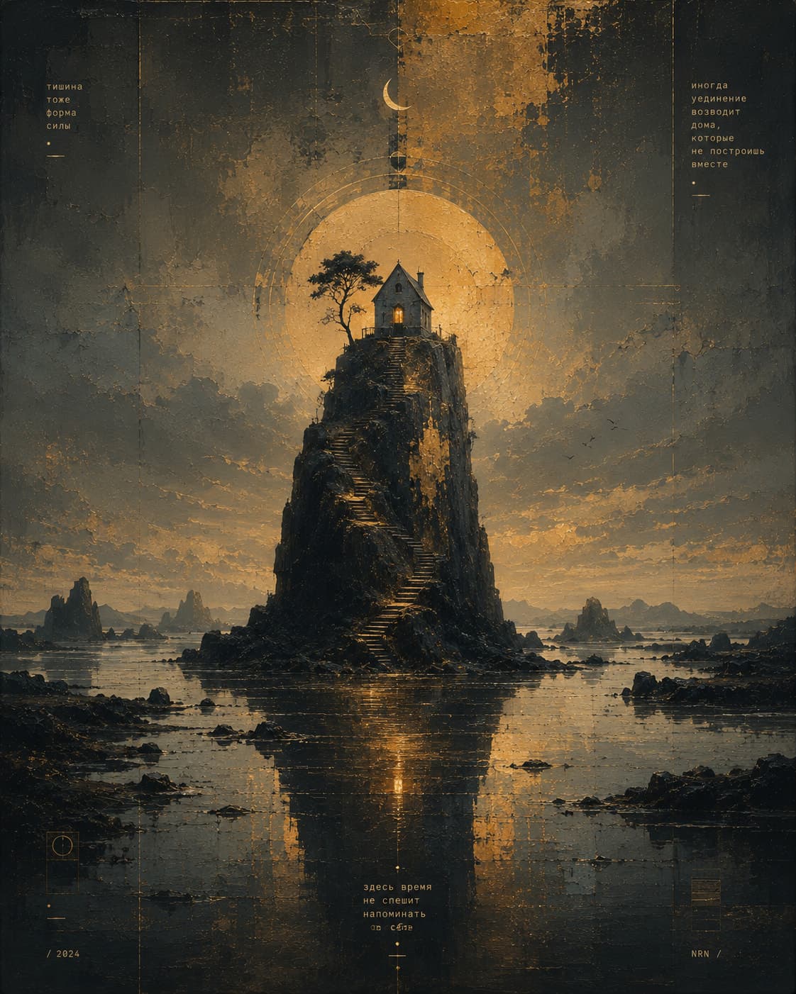 A painterly nocturne of a small house with one lit window standing on a tall rock spire above calm water, a long stair cut up the rock, a wind-bent tree beside the house, a crescent moon above and a wide gold halo behind, with faint Russian marginal notes and registration marks printed into the surface.