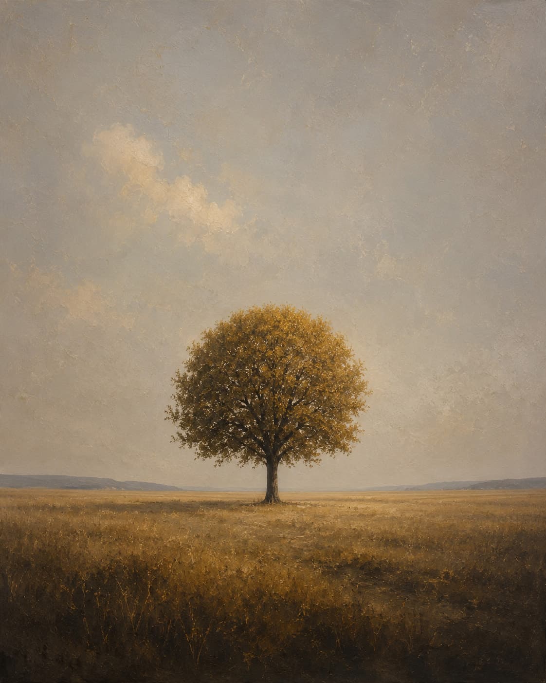 A painterly landscape of a solitary round-crowned tree with golden autumn foliage standing in a wide ochre field, beneath a pale grey sky with one soft cloud and distant low hills on the horizon.