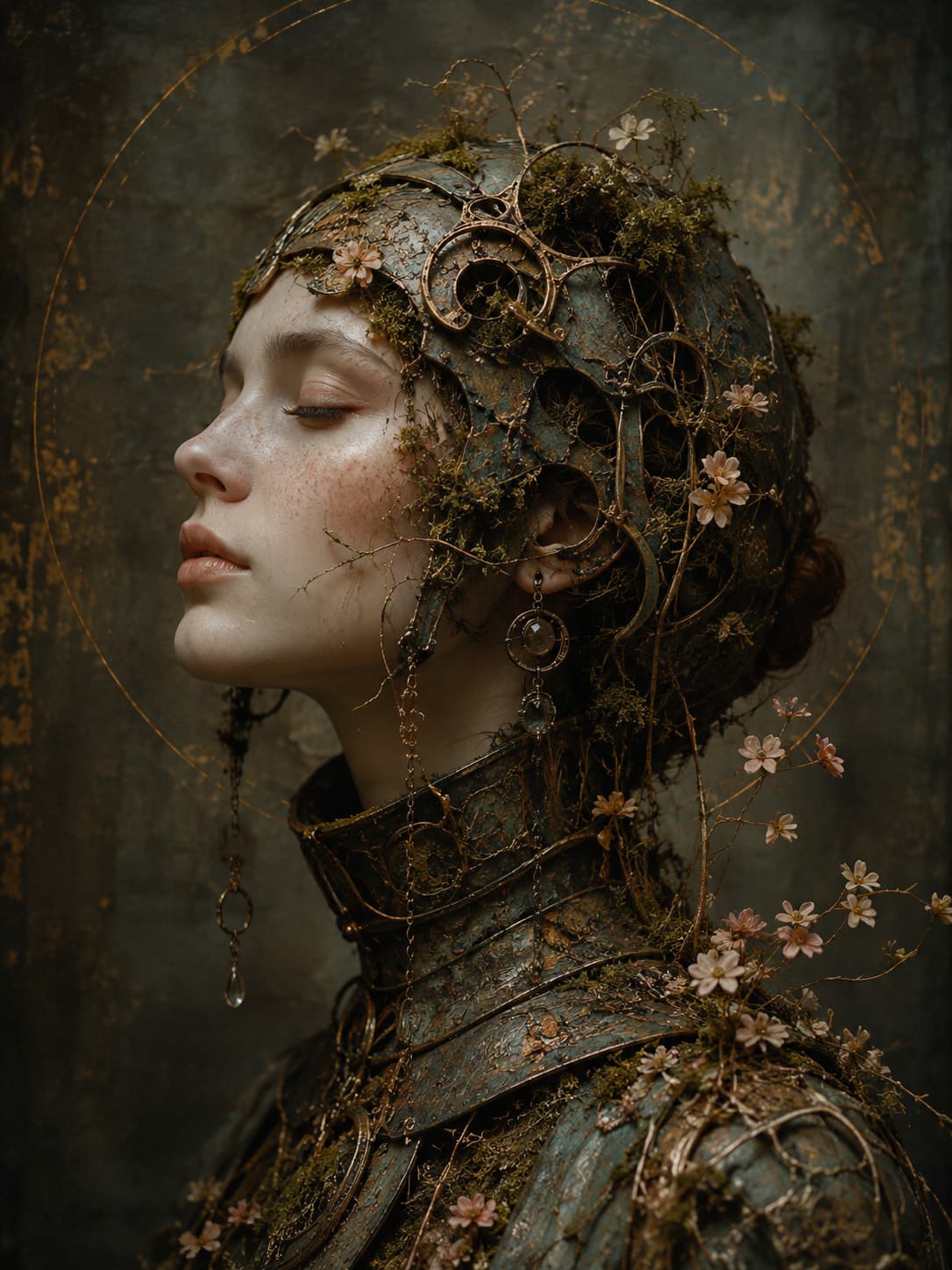 A photorealistic profile portrait of a young woman with closed eyes wearing a verdigris and brass helmet and high collar overgrown with moss, lichen and small pale pink blossoms, a crystal drop earring on a fine chain, and a thin gold circle drawn on the dark wall behind her head.