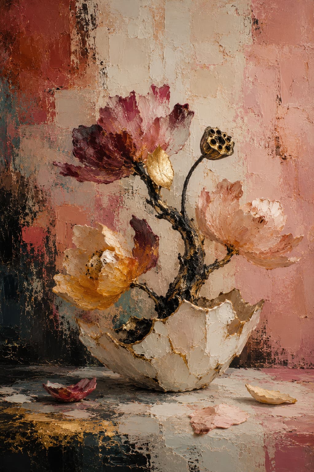 A heavily impasto palette-knife still life of peony-like flowers in plum, cream, blush and gold rising from a broken white vessel seamed with gold, with a dried lotus seed pod on a black stem, one gilded leaf and fallen petals on the table, against a blocked pink, cream and black background.