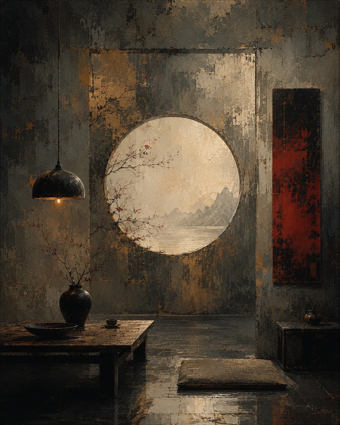 A painterly dark interior with a large circular moon window opening on misty mountains and water, plum blossom branches reaching across it from a dark jar, a low table set with a bowl and cup, a hanging lamp with a lit bulb, a red calligraphic scroll on the right-hand wall and a cushion on the polished floor.