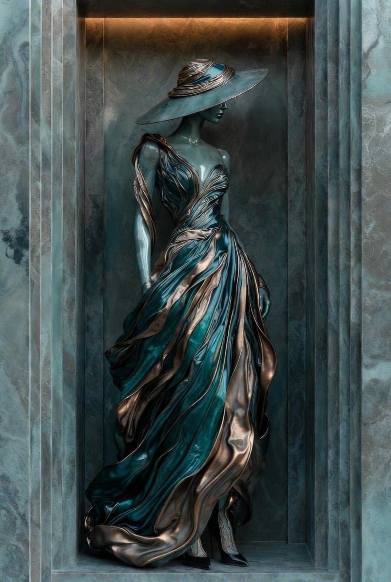 A glossy sculptural figure of an elegant faceless woman in a wide-brimmed hat and a flowing teal-and-bronze gown, standing in a marble niche.