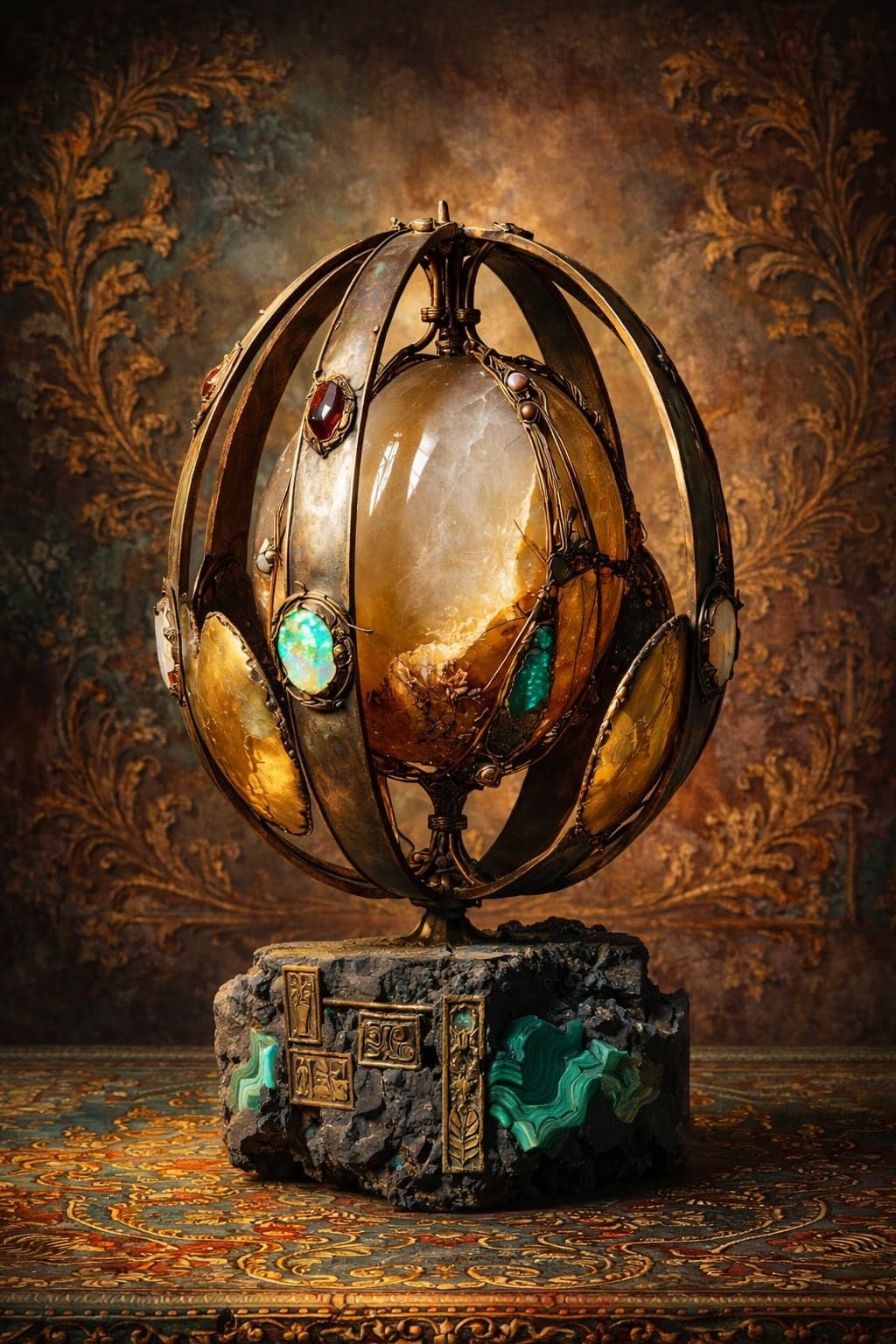 A photorealistic ornate brass armillary cage enclosing a large smoky quartz orb, set with opal, garnet and pearl cabochons, mounted on a rough dark stone base veined with malachite against a gilded damask backdrop.