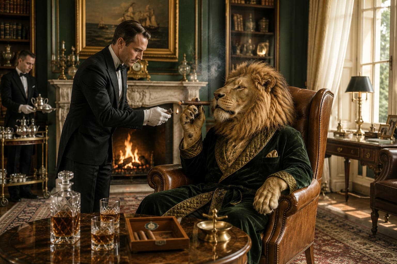 A photorealistic scene of a lion in a quilted emerald velvet robe seated in a leather wing chair, having his cigar lit by a butler in black tie, with a second butler carrying silver, a marble fireplace and a green panelled drawing room behind.