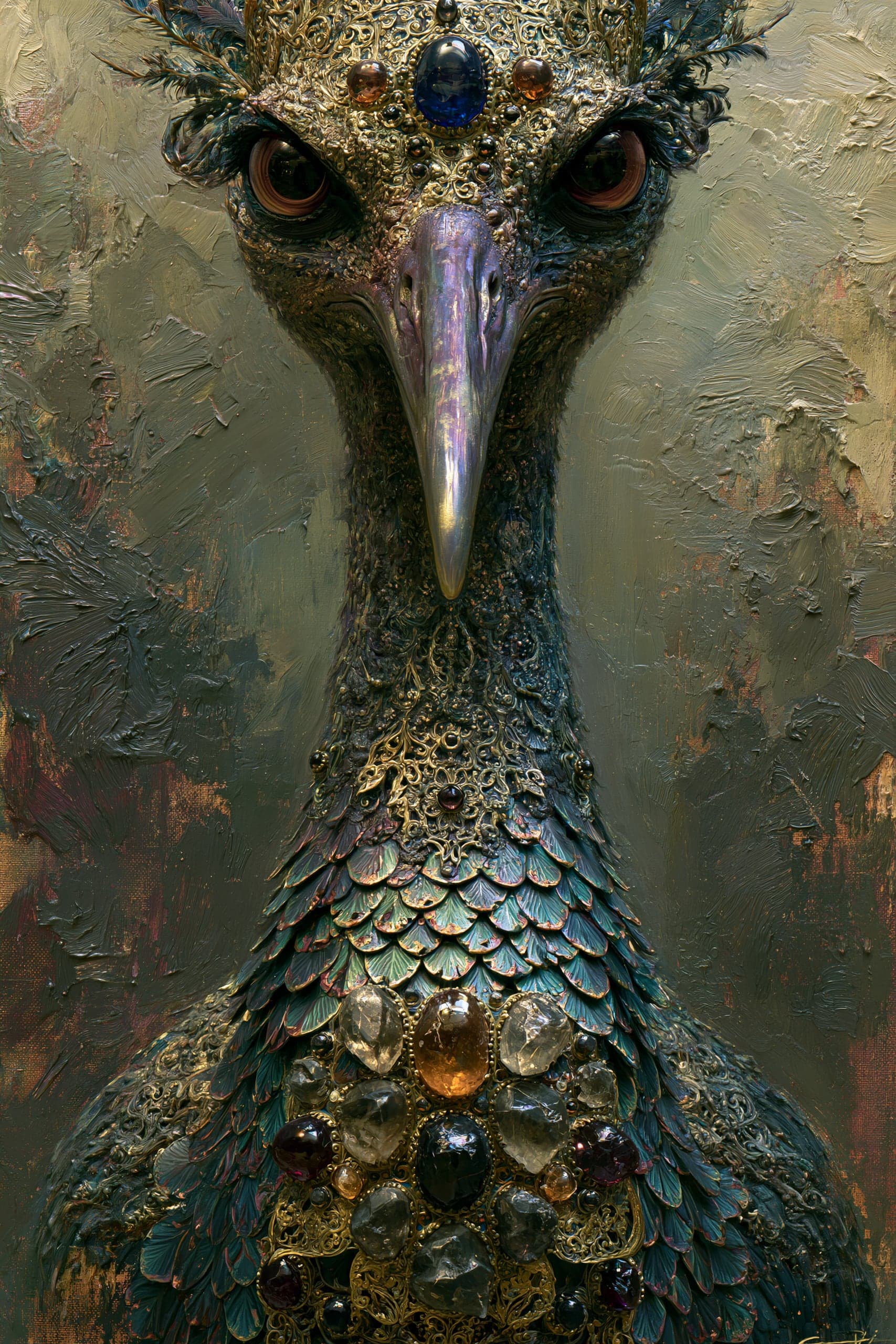 A painterly close portrait of a regal bird with a jewelled golden crown, deep amber eyes, an iridescent beak and a breast set with gemstones, against a textured olive-green oil background.