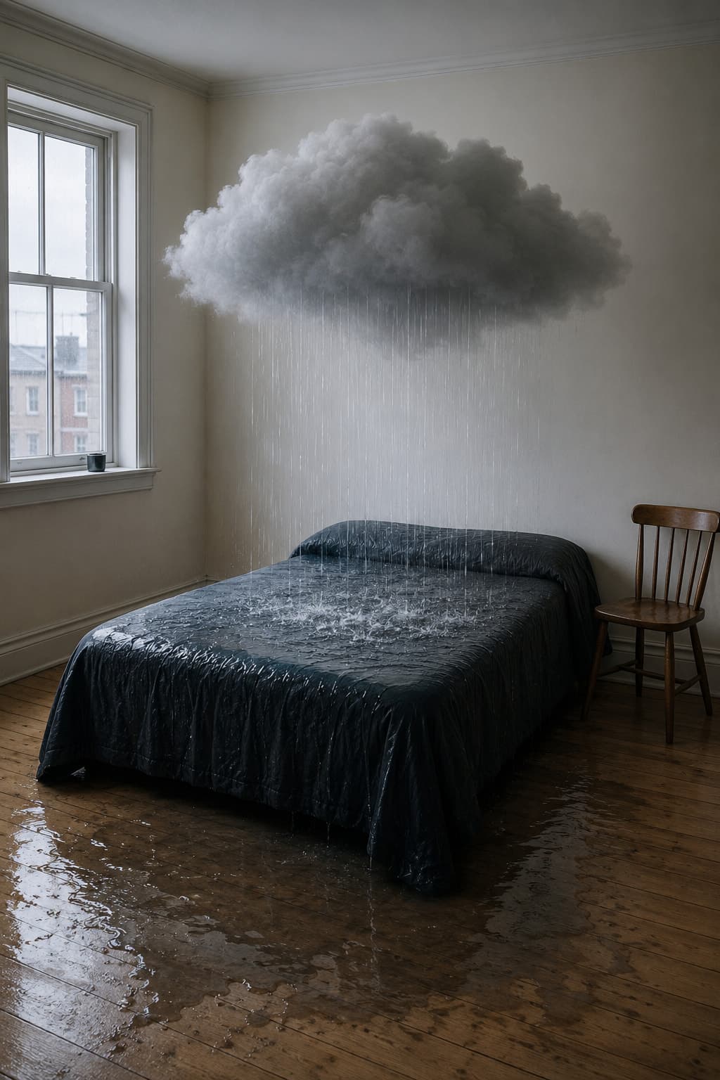 A photograph of an ordinary bedroom in cold daylight with a small grey rain cloud hanging at eye level above the bed, rain falling from it in straight lines onto a soaked dark bedspread and spreading as a puddle across the wooden floorboards, while the wooden chair and the rest of the room stay dry.