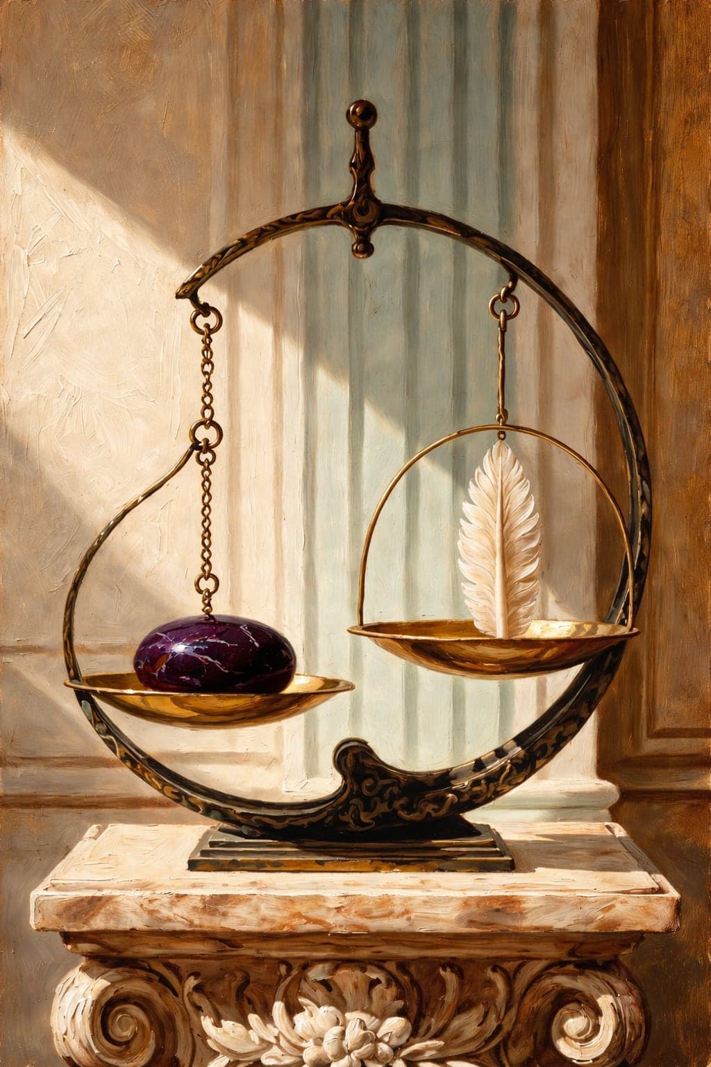 An old-master style oil painting of an ornate crescent-shaped brass balance on a marble plinth, one pan holding a polished violet stone and the other a single white feather, in warm window light.